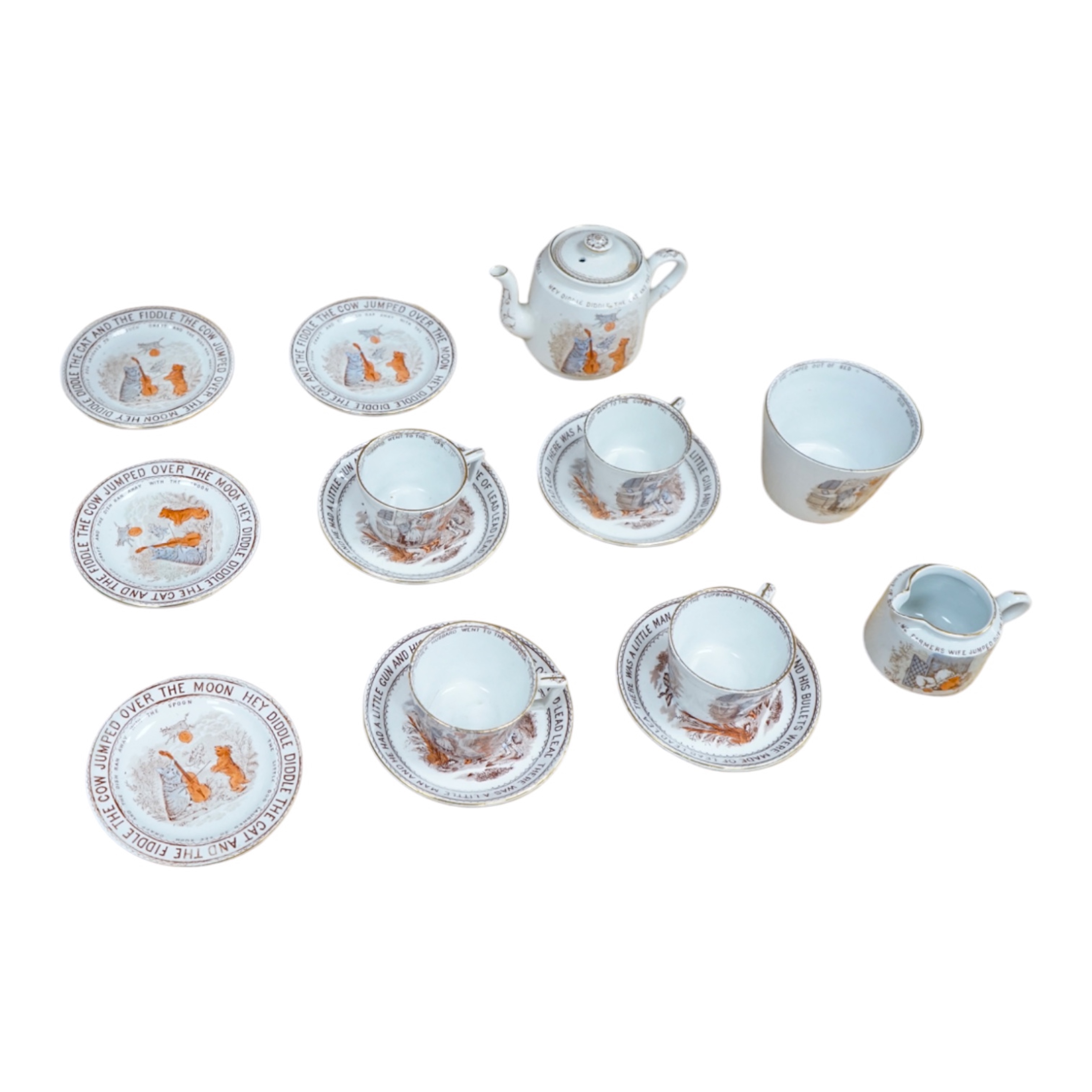 A Late 19th Century Whittaker & Co ‘Nursery Rhymes’ fifteen piece miniature tea service, Hanley, circa 1888. Condition - good